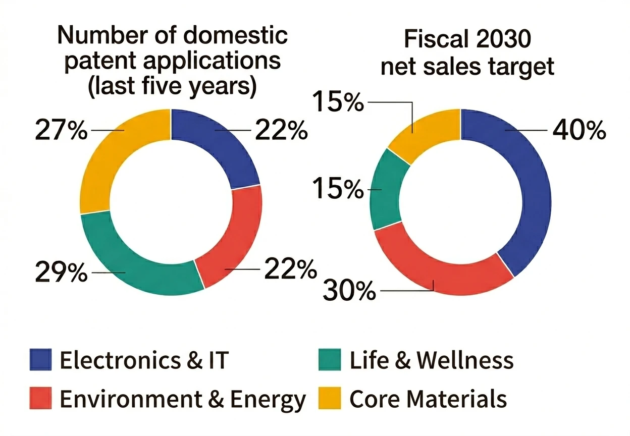 Number of domestic patent applications (last five years) / Fiscal 2030 net sales target